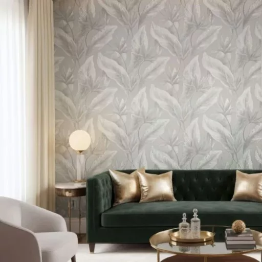 Letisztult, nagy levélmintás tapéta finom textúrával fehér,szürke kombinációval