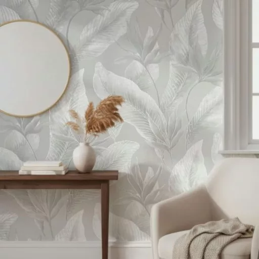 Letisztult, nagy levélmintás tapéta finom textúrával fehér,szürke kombinációval
