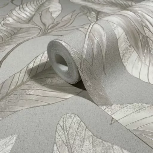 Letisztult, nagy levélmintás tapéta finom textúrával beige, szürke kombinációval