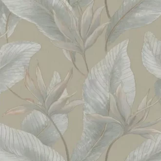   Letisztult, nagy levélmintás tapéta finom textúrával barna / szürke kombinációval
