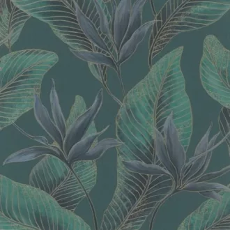   Letisztult, nagy levélmintás tapéta finom textúrával kék,zöld kombinációval