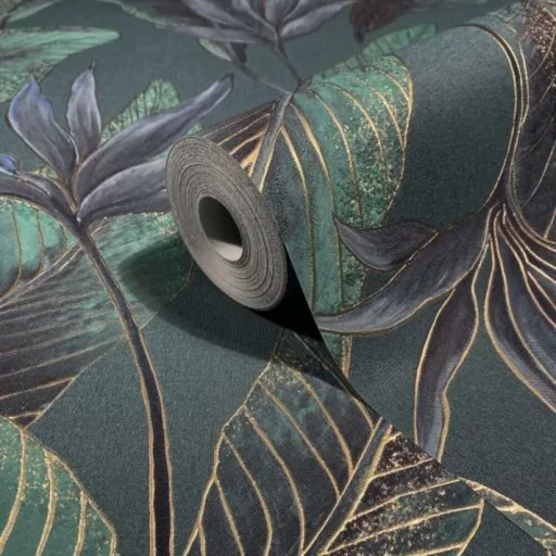 Letisztult, nagy levélmintás tapéta finom textúrával kék,zöld kombinációval