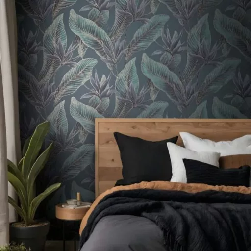 Letisztult, nagy levélmintás tapéta finom textúrával kék,zöld kombinációval