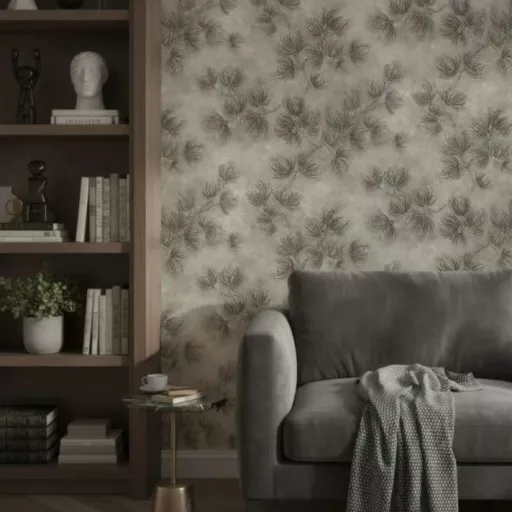 Elegáns, finoman strukturált felületű tapéta szürke leveles mintával