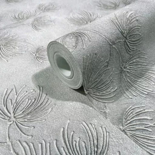 Elegáns, finoman strukturált felületű tapéta ezüst/szürke leveles mintával