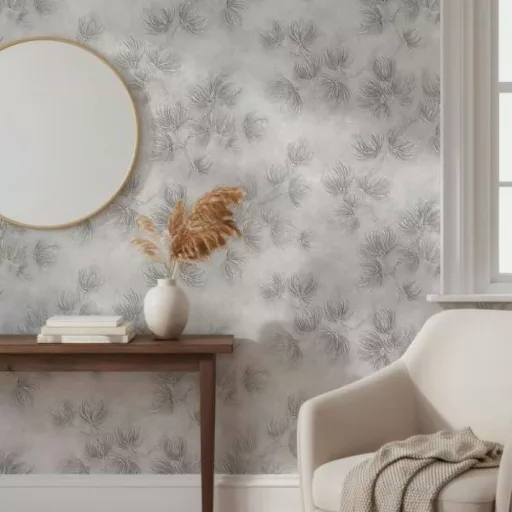 Elegáns, finoman strukturált felületű tapéta ezüst/szürke leveles mintával