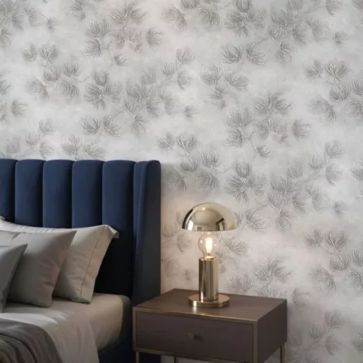 Elegáns, finoman strukturált felületű tapéta ezüst/szürke leveles mintával