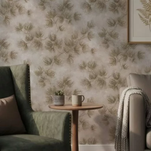 Elegáns, finoman strukturált felületű tapéta arany leveles mintával