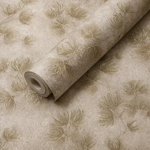 Elegáns, finoman strukturált felületű tapéta arany leveles mintával