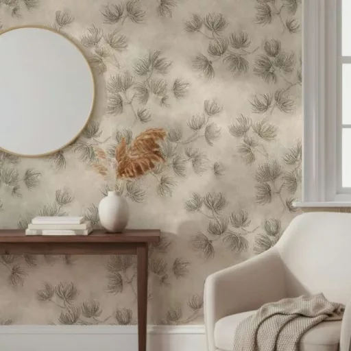 Elegáns, finoman strukturált felületű tapéta taupe/szürkésbarna leveles mintával