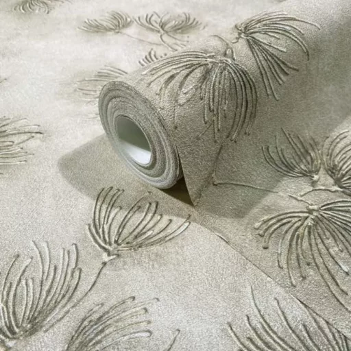 Elegáns, finoman strukturált felületű tapéta taupe/szürkésbarna leveles mintával