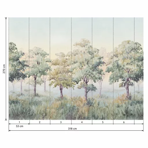 Légies, akvarell hatású erdőmintás poszter tapéta, pasztell színvilággal 3,18x 2,70m