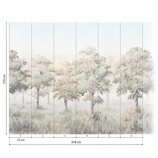 Légies, akvarell hatású erdőmintás poszter tapéta, pasztell színvilággal 3,18x 2,70m