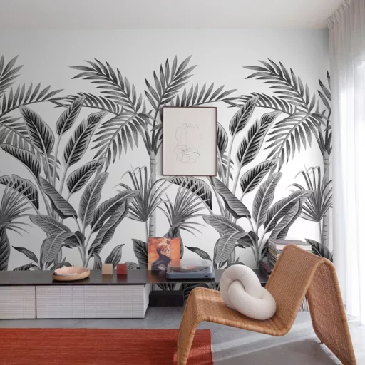 Trópusi pálmalevél mintás design tapéta – modern botanikus faldekoráció 