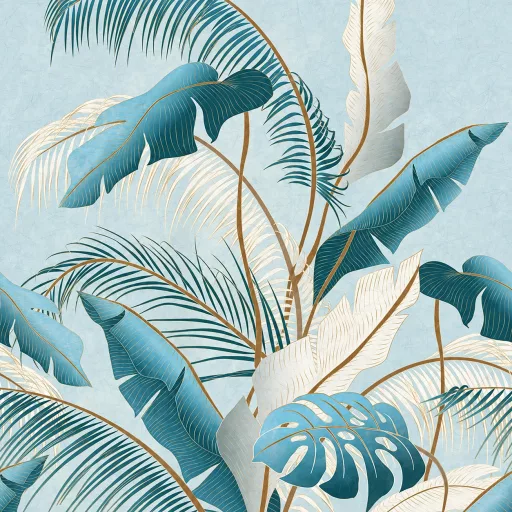 Elegáns, világos tónusú trópusi poszter tapéta, nagyméretű pálma-, banán- és monstera levelekkel 1,59x 2,70m