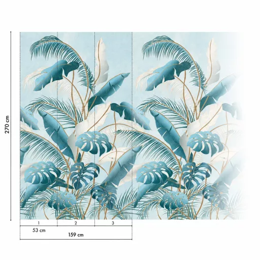 Elegáns, világos tónusú trópusi poszter tapéta, nagyméretű pálma-, banán- és monstera levelekkel 1,59x 2,70m
