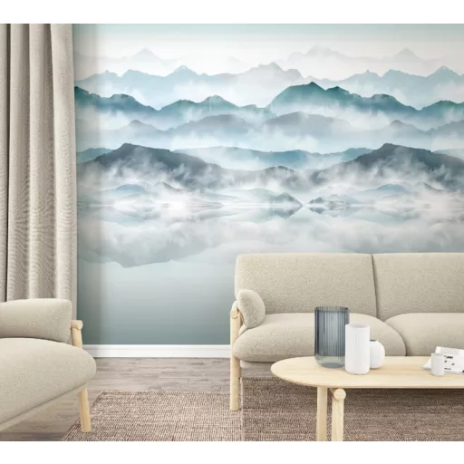 Panoráma hegyvidék mintás design tapéta – ködös akvarell tájképpel 2,12m x 2,70m