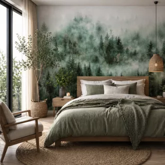   Ködös erdei panoráma design tapéta – természetközeli fenyőerdő látvány modern enteriőrökhöz 1,59 x 2,70m