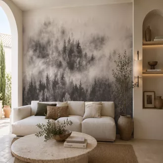   Ködös erdei panoráma design tapéta – természetközeli fenyőerdő látvány modern enteriőrökhöz 1,59 x 2,70m