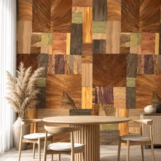   Különleges fa hatású patchwork tapéta–– geometrikus meleg  natúr földszínekkel 1,59x 2,70m