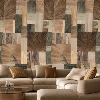   Különleges fa hatású patchwork tapéta–– geometrikus natúr földszínekkel 1,59x 2,70m