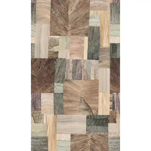 Különleges fa hatású patchwork tapéta–– geometrikus natúr földszínekkel 1,59x 2,70m