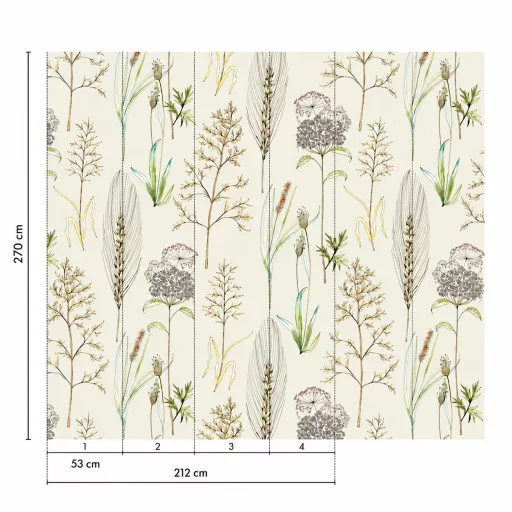 Botanikai poszter tapéta – finom növénymintával, beige , zöld árnyalatokkal  2,12x 2,70m