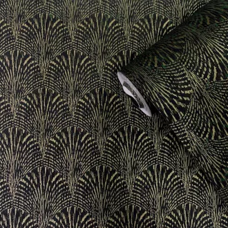  Art deco legyező   mintás tapéta – elegáns, luxus faldekor modern enteriőrbe  mélyzöld-arany szinben