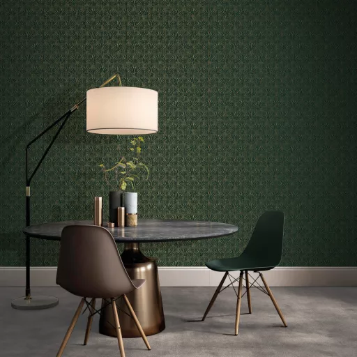 Art deco legyező   mintás tapéta – elegáns, luxus faldekor modern enteriőrbe  mélyzöld-arany szinben