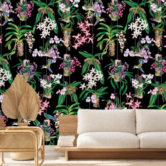   Látványos, egzotikus hangulatú ,színes  trópusi orchidea és kolibri poszter 1,59x 2,70m