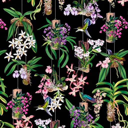Látványos, egzotikus hangulatú ,színes  trópusi orchidea és kolibri poszter 1,59x 2,70m