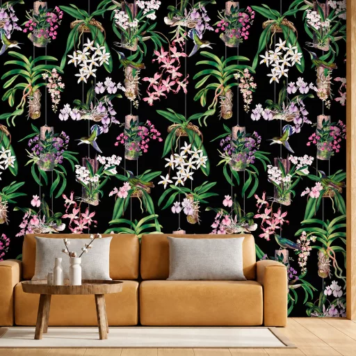 Látványos, egzotikus hangulatú ,színes  trópusi orchidea és kolibri poszter 1,59x 2,70m