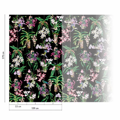 Látványos, egzotikus hangulatú ,színes  trópusi orchidea és kolibri poszter 1,59x 2,70m