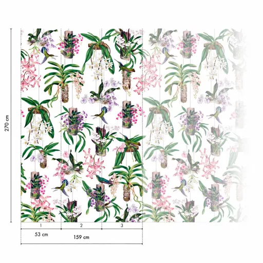 Látványos, egzotikus hangulatú ,színes  trópusi orchidea és kolibri poszter 1,59x 2,70m