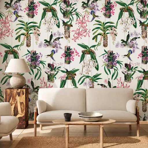 Látványos, egzotikus hangulatú ,színes  trópusi orchidea és kolibri poszter 1,59x 2,70m