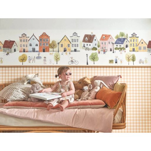 Narancssárga  kockás gyerek tapéta – Skandináv mintás faldekor gyerekszobába