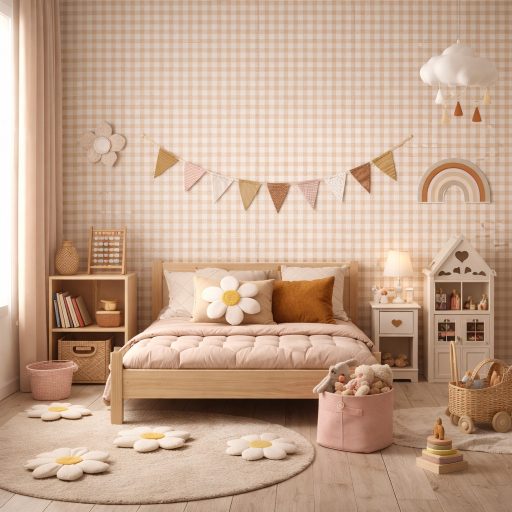 Camel barna szímű  kockás gyerek tapéta – Skandináv mintás faldekor gyerekszobába