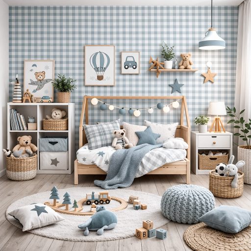 Zöld  kockás gyerek tapéta – Skandináv mintás faldekor gyerekszobába