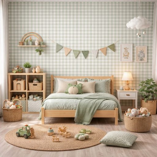 Zöld  kockás gyerek tapéta – Skandináv mintás faldekor gyerekszobába