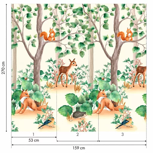 Erdei állatos gyerek poszter tapéta – őzike, mókus, róka és sün motívumokkal 1,59x 2,8m