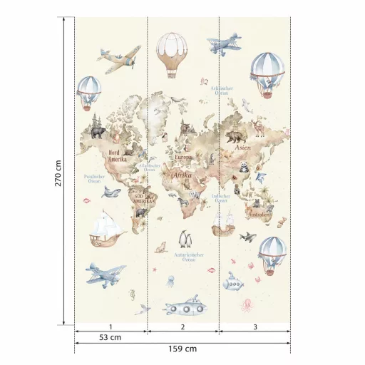 Világtérképes gyerek poszter tapéta állatokkal és hőlégballonokkal 1,59x 2,8m