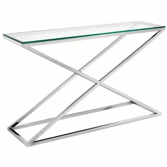   Modern design konzolasztal – üveg lap, geometrikus fém váz, prémium megjelenés