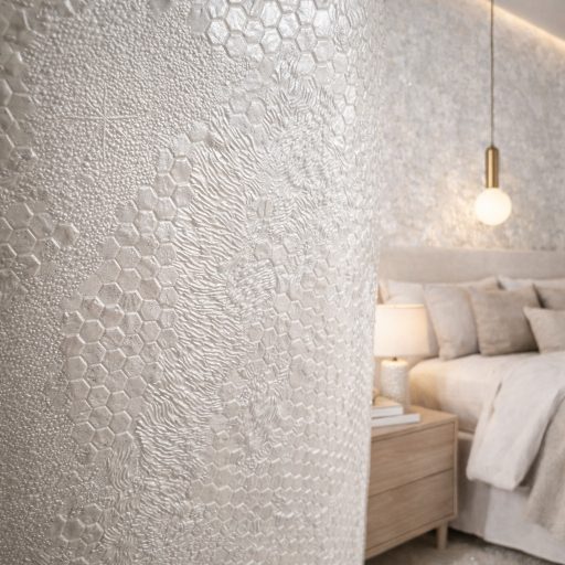 Letisztult, modern tapéta apró  3D hatszög mintával és strukturált felülettel törtfehér színben