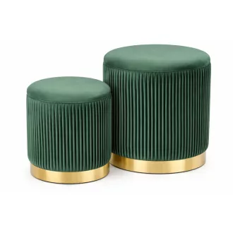  2 darabos zöld bársony puff szett – Bordázott design, arany talppal