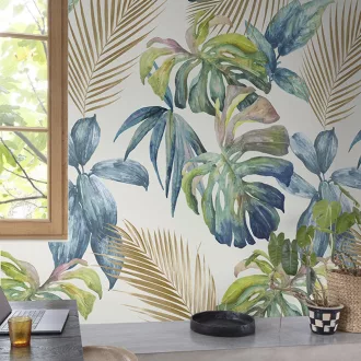   Trópusi levél mintás fali panel – modern jungle design arany pálmalevelekkel