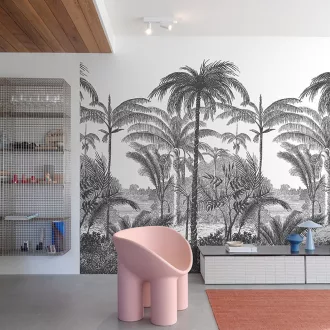   Fekete-fehér pálmafás design panel – modern jungle fali dekor tapéta