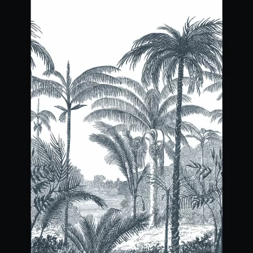 Fekete-fehér pálmafás design panel – modern jungle fali dekor tapéta
