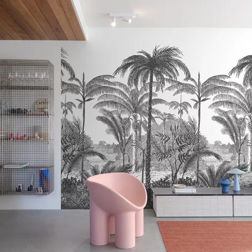Fekete-fehér pálmafás design panel – modern jungle fali dekor tapéta