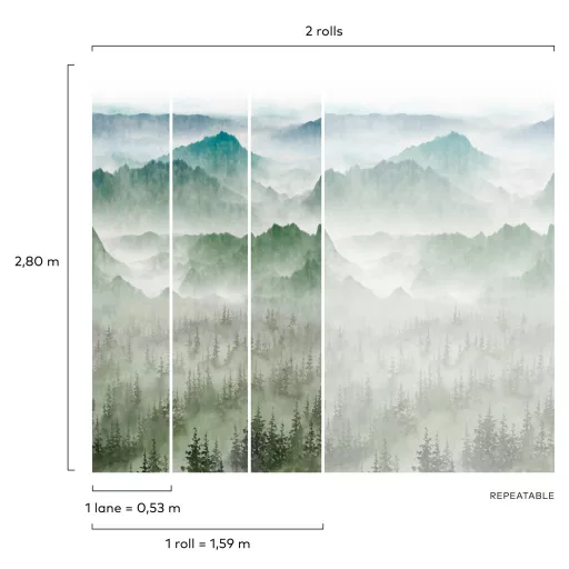Prémium hegyvidéki panoráma tapéta – ködös erdő és hegyek faldekor 159x280cm
