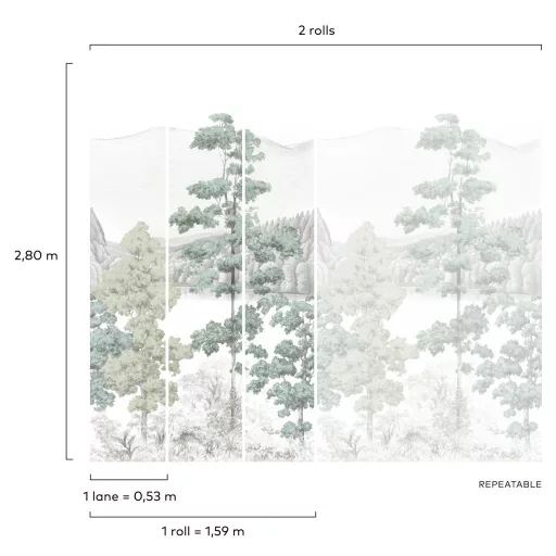 Elegáns erdei panoráma tapéta finom rajzolatú fákkal és hegyekkel 159x280cm